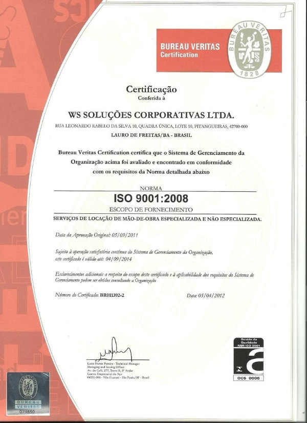 WS Soluções Corporativas Ltda.Certificada na ISO 9001:2008